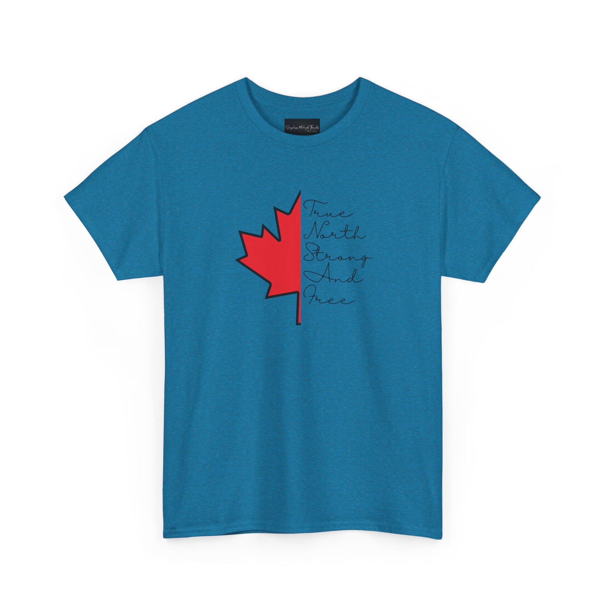 This custom handmade Canadian shirt comes with a maple leaf on the front center of the shirt, the words true north strong and free are in cursive on the other side of the maple leaf.