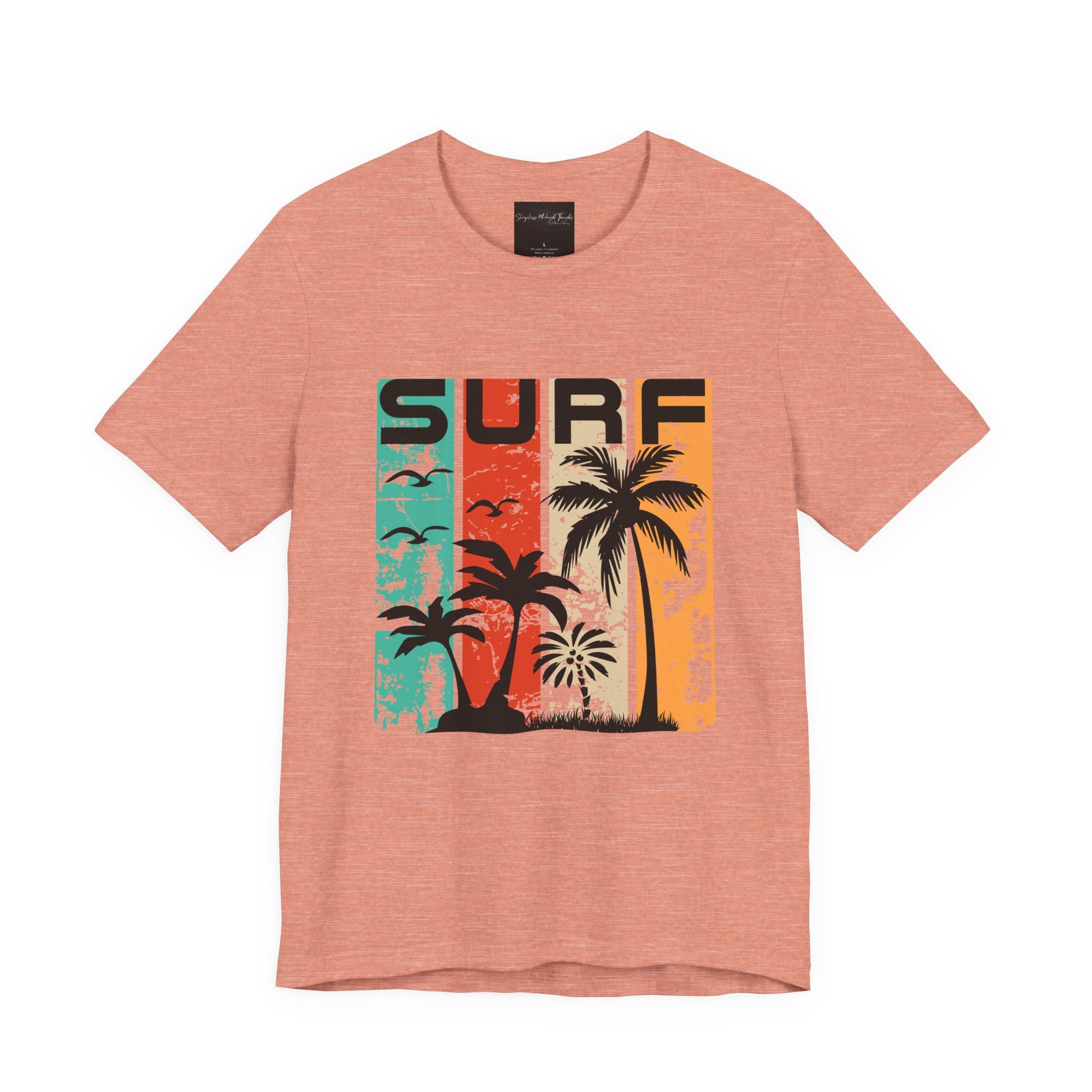 On the front of this custom vacation shirt is the word SURF in large letters at the top of the shirt, each letter has a different colored line through it to the bottom, there are images of palm trees and birds flying underneath the word.