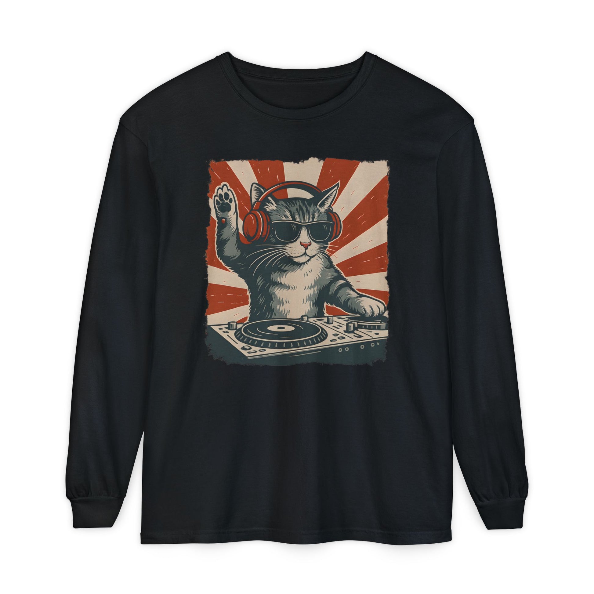 On the front of this custom retro long sleeve shirt is a DJ playing music, except the DJ is a cat that is wearing headphones, there is a vintage red and ivory background behind the cat.