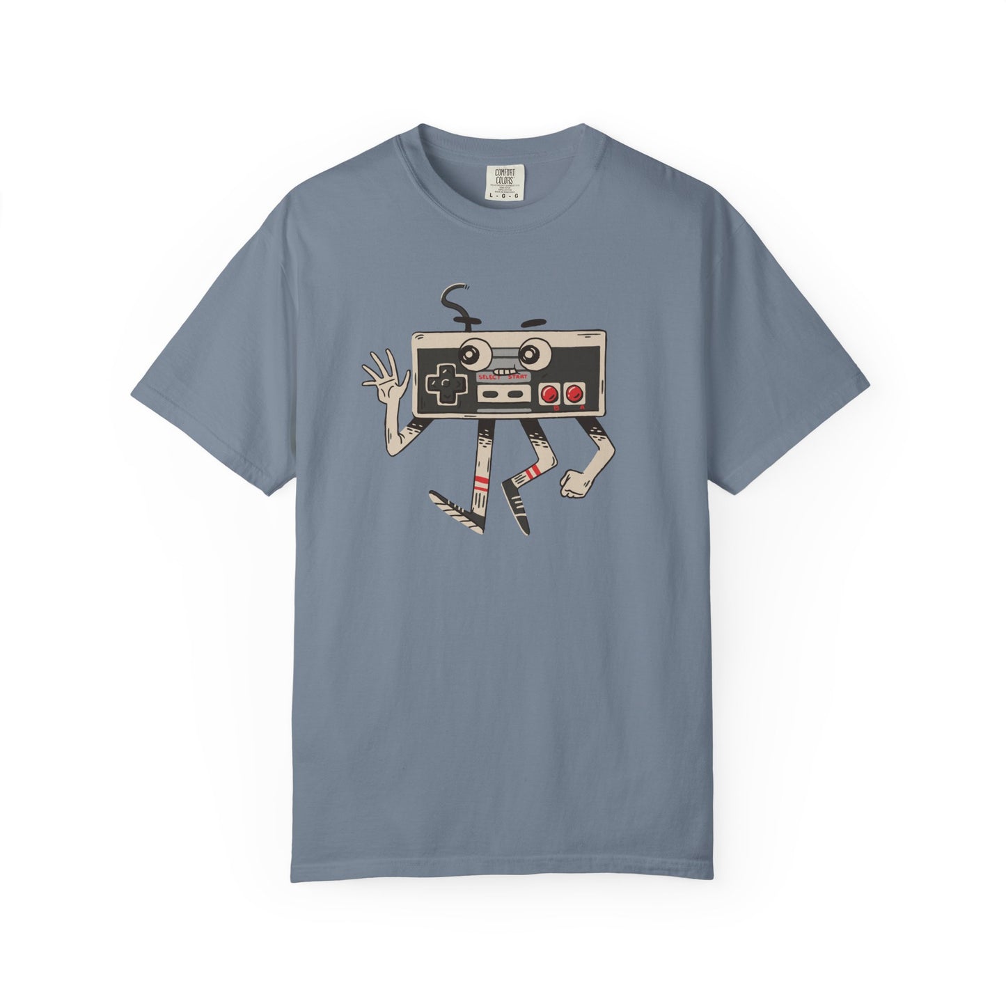 On the front of this custom vintage gaming short sleeve shirt is an image of a old school Nintendo controller, the controller has arms and legs and a face that makes it look like a cartoon character.