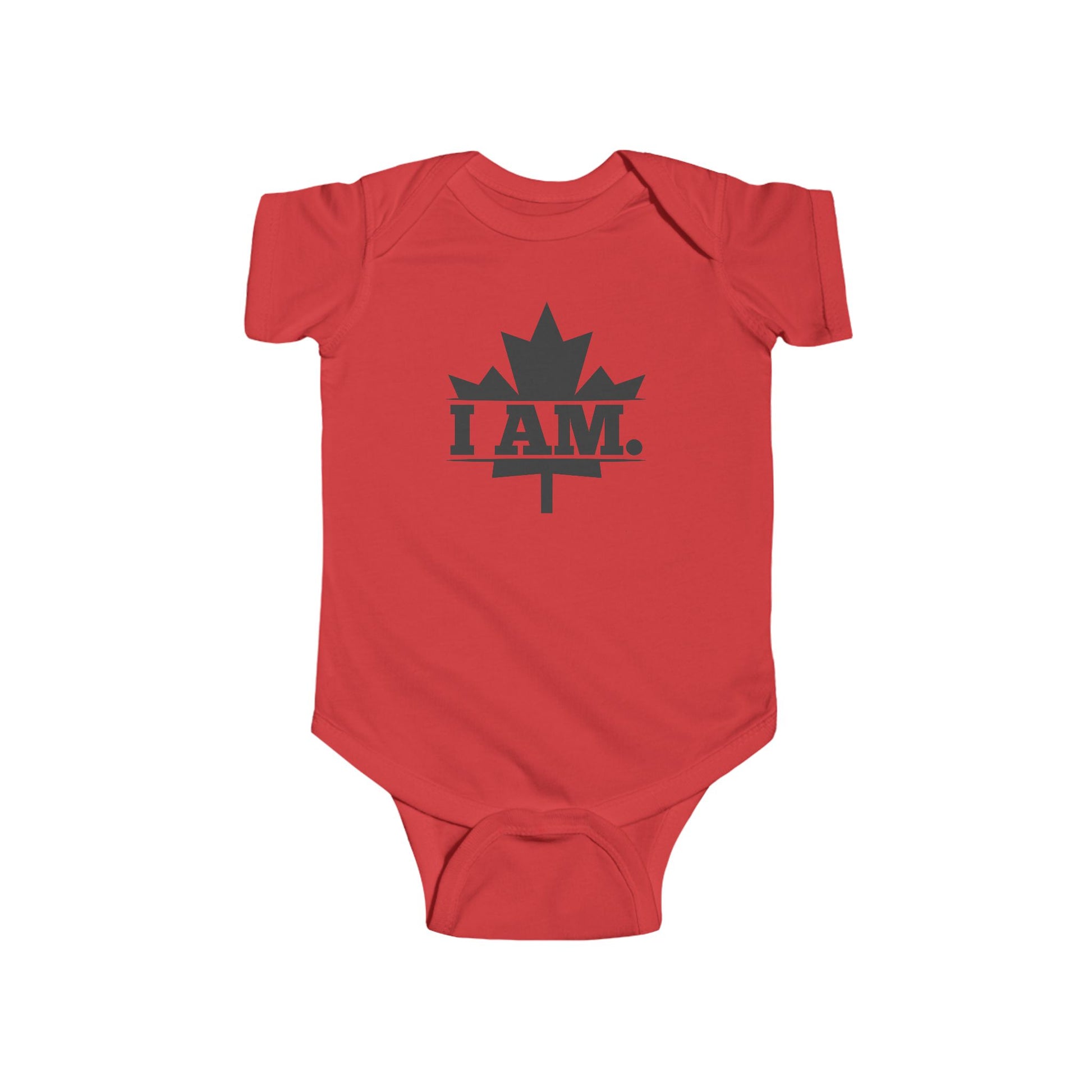 On the front of this custom infant short sleeve onesie is a image of a Canadian Maple leaf with the words I AM in the center of it in large block letters.