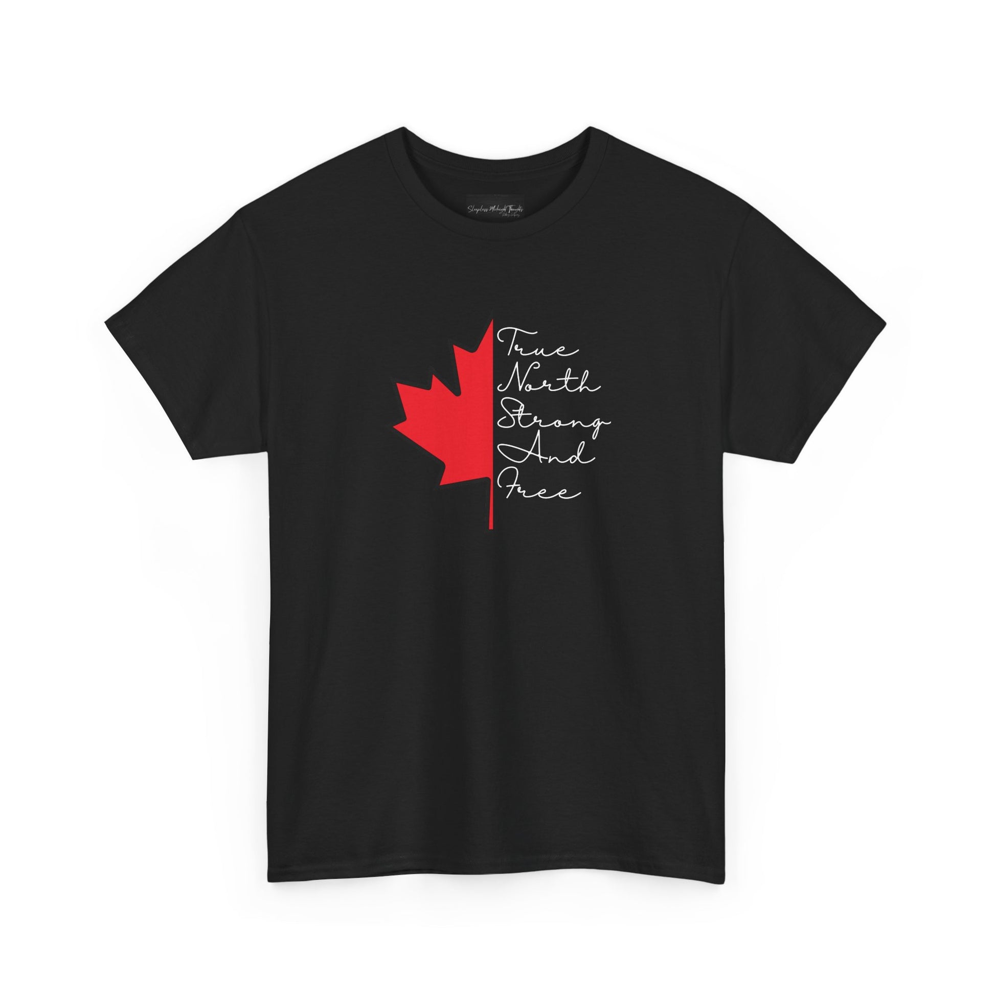 This custom handmade Canadian shirt comes with a maple leaf on the front center of the shirt, the words true north strong and free are in cursive on the other side of the maple leaf.