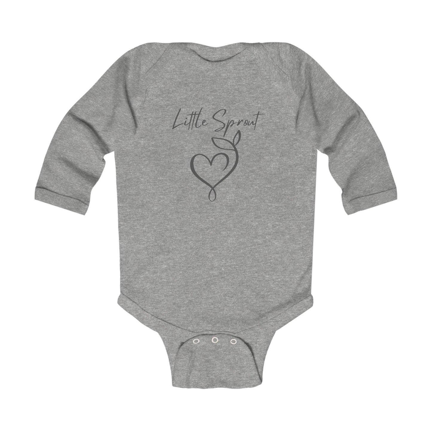 This adorable super soft infant onesie features the words 'little sprout' with a heart and two leaf stem design on the front, creating a cute and playful vibe.