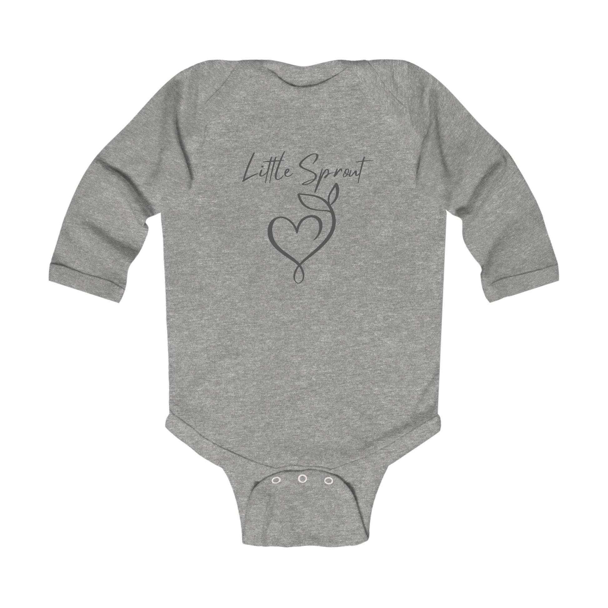 This adorable super soft infant onesie features the words 'little sprout' with a heart and two leaf stem design on the front, creating a cute and playful vibe.