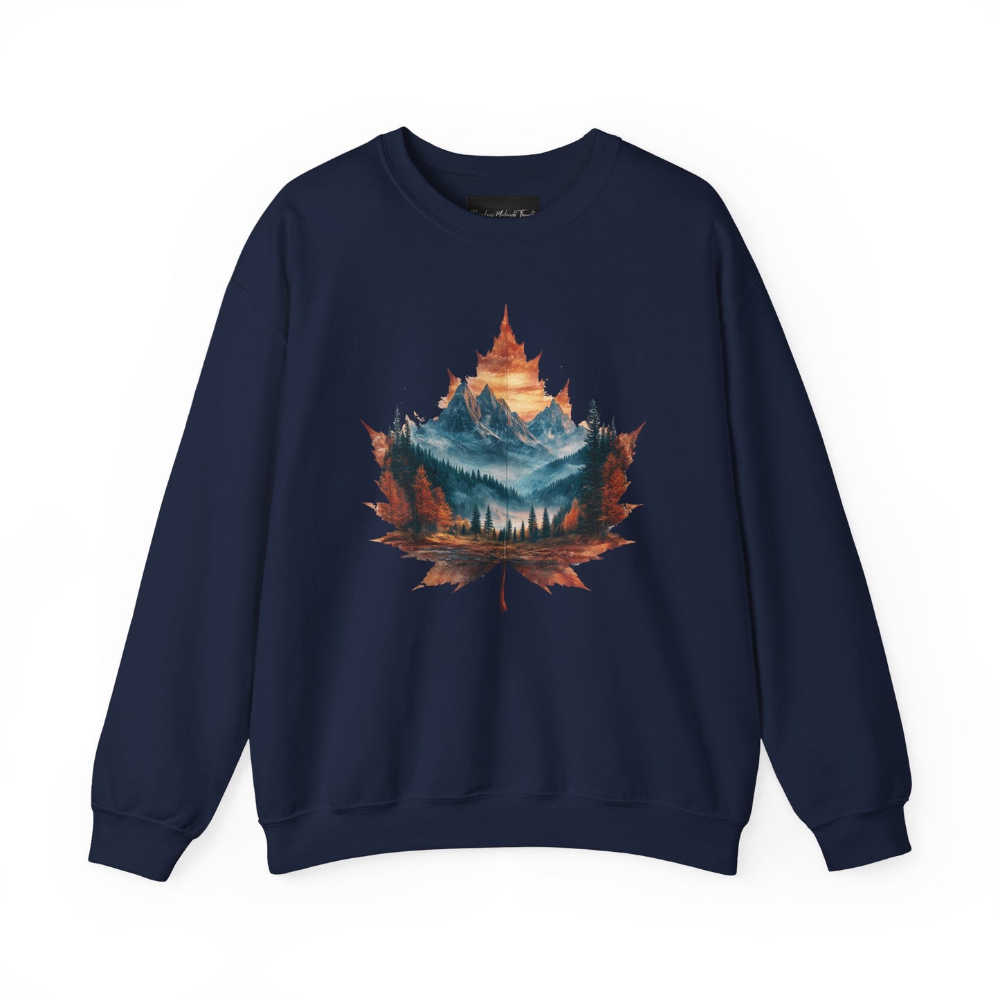 On the front of this Canadian pride sweatshirt is a large maple leaf with the inside of the leaf having a picture of the Rocky Mountains in the fall time.
