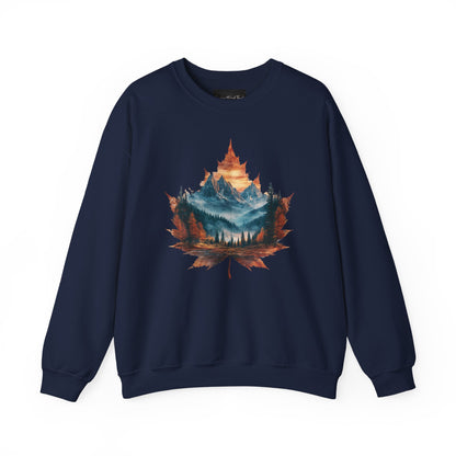 On the front of this Canadian pride sweatshirt is a large maple leaf with the inside of the leaf having a picture of the Rocky Mountains in the fall time.