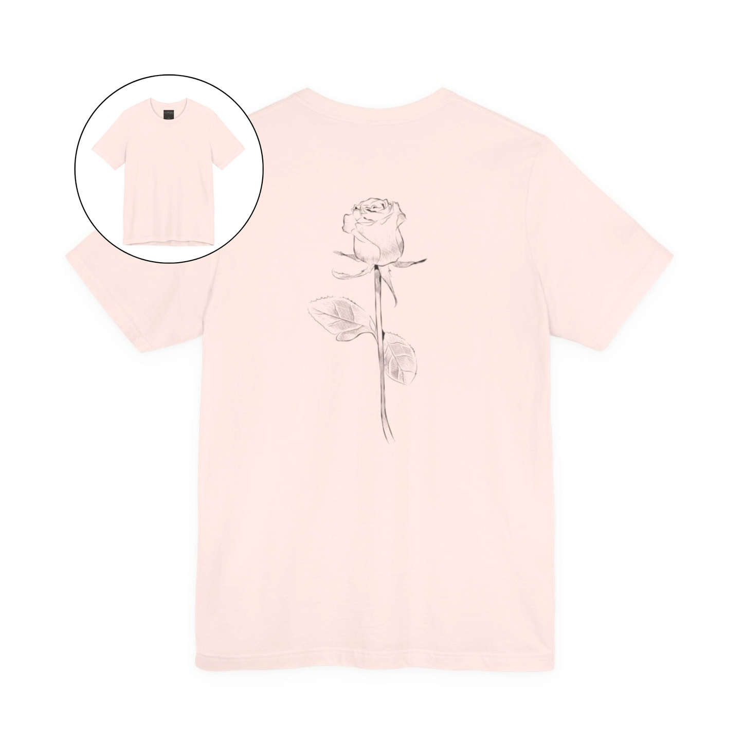 On the back of this custom women's short sleeve shirt is a large rose from the top to the bottom in the center of the back.