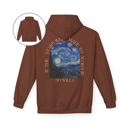 A custom Christian hoodie that is plain in the front then on the back of the hoodie has an image of Van Goghs starry night with the words If the stars were made to worship, so will I, the wording is all around the image on the entire back of the sweater.