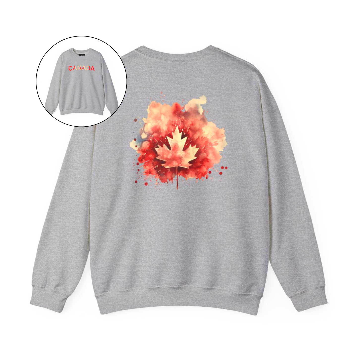 On the front of this Canadian pride pullover sweater is Canada in red and beige letters with a maple leaf in the middle, on the back of the sweater is a large maple leaf that looks like it has been spray painted onto the sweater in red and beige.
