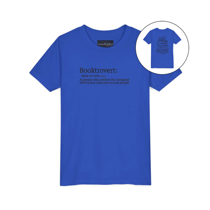 On the front of this custom youth t-shirt it says the word Booktrovert in large letter with the meaning of the words underneath it, on the back of the shirt is an image of a large stack of books.