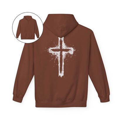 On the back of this Christian hoodie is a large spray painted Jesus cross that takes up the entire back of the sweater.