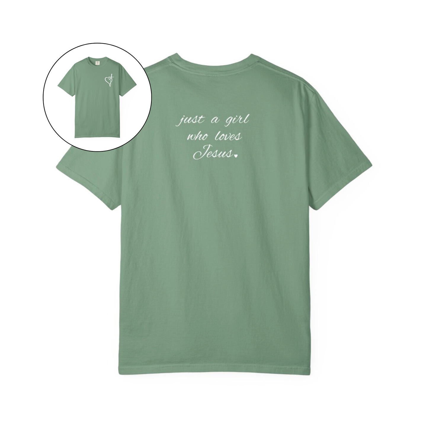 On the front of this custom women's Christian t-shirt is a heart with a cross through it, on the back top of the shirt right between the shoulder blades are the words just a girl who loves Jesus in a cursive writing.