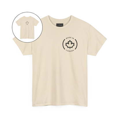 On the front of this custom short sleeve shirt is a circle on the upper left chest of the shirt with the words Made In Canada with a maple leaf in the middle, on the back of the shirt is a maple leaf right in between the shoulder blades.
