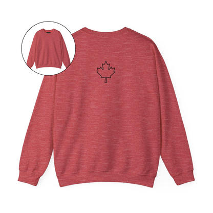On the back of this custom Canadian pullover sweatshirt is a maple leaf that is right in between the shoulder blades, the front of the sweater is blank.
