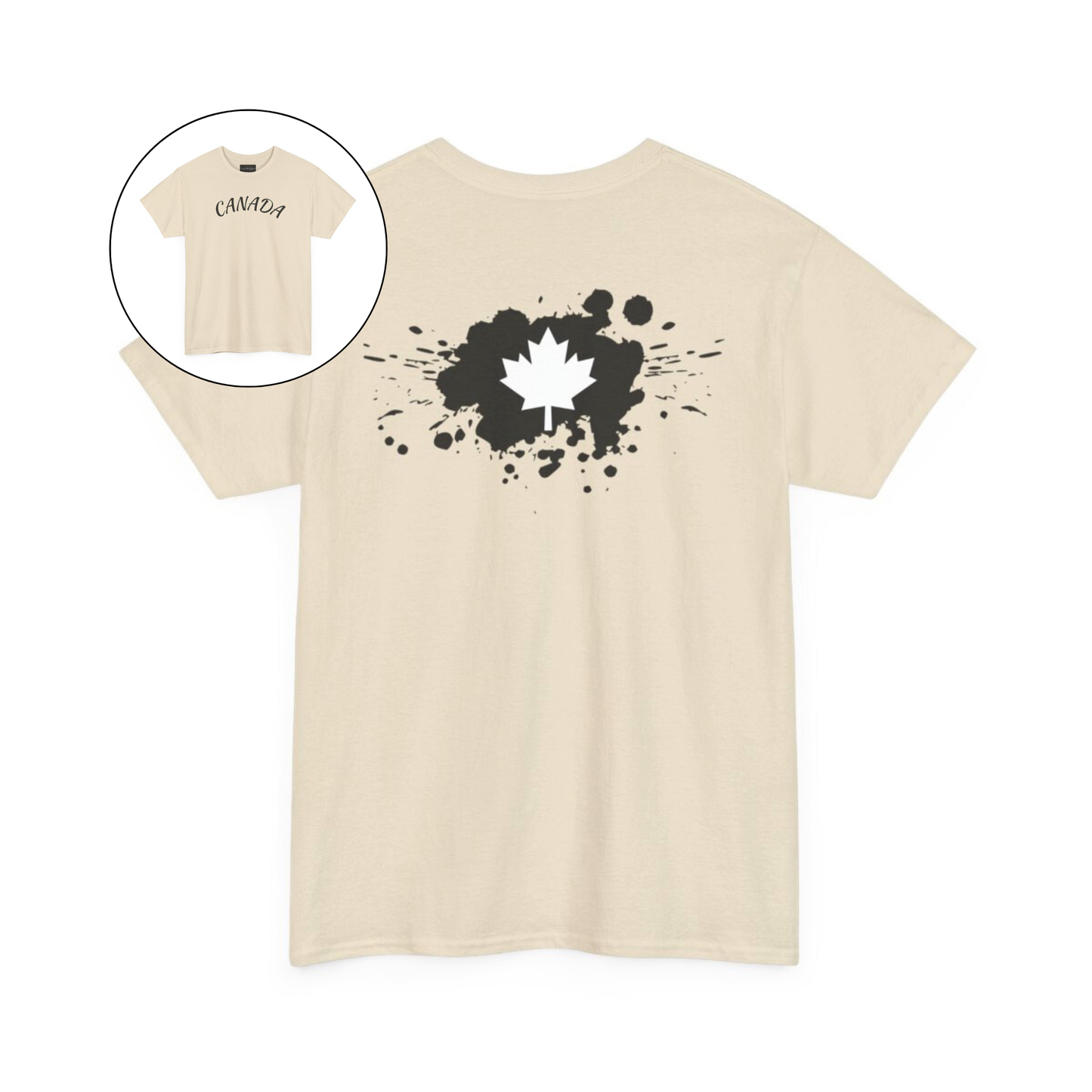 On the front of this custom short sleeve shirt is the word Canada in large letters across the chest, on the back of the shirt in between the shoulder blades is a large paint splatter with a maple leaf in the middle.