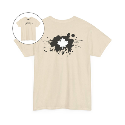 On the front of this custom short sleeve shirt is the word Canada in large letters across the chest, on the back of the shirt in between the shoulder blades is a large paint splatter with a maple leaf in the middle.