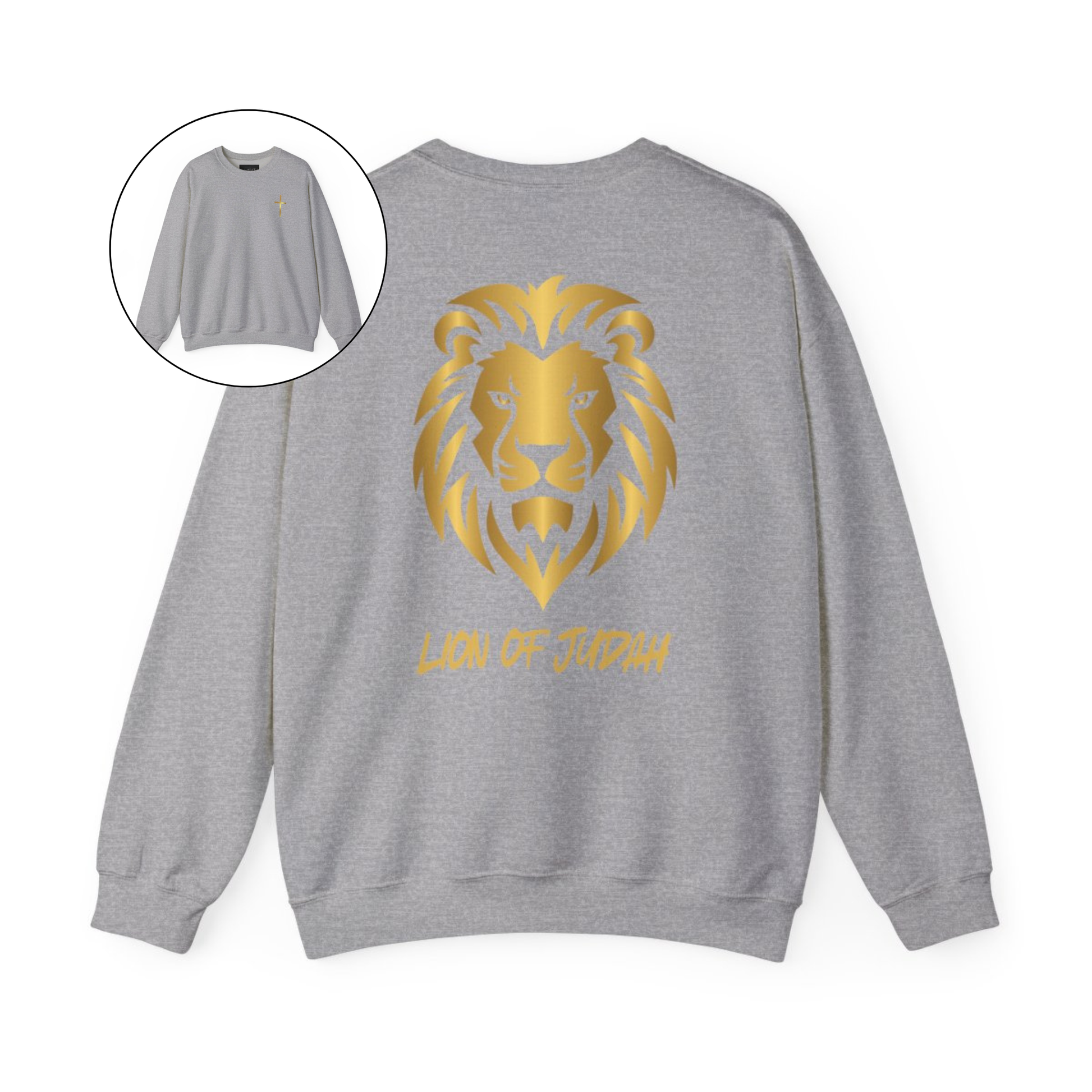 On the front of this custom Christian sweater is a gold Jesus cross on the front left chest, on the back of the pullover is a large gold male lion head with the words Lion of Judah in gold underneath the animal head.