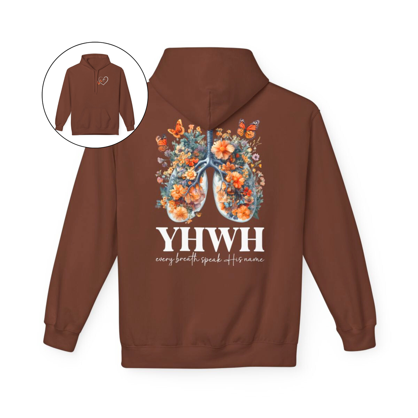 On the front of this custom women's Christian hoodie is a large heart that has a Jesus cross in the center of it, there are two butterflies around the heart. On the back of the sweater is an image of a pair of human lungs made from flowers and butterflies, under the image it says YHWH every breath speaks His name.