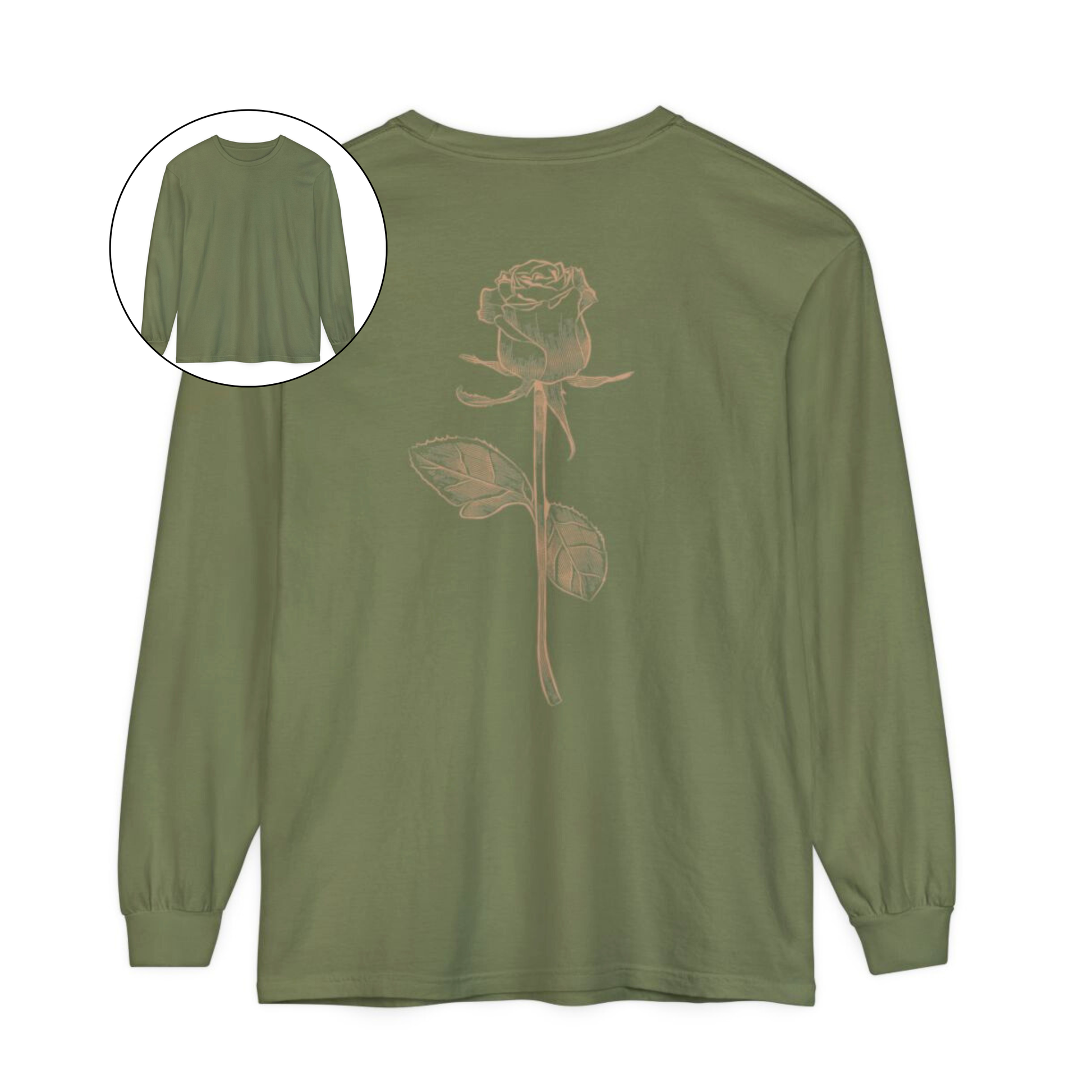 On the back of this custom women's long sleeve tee is a beige colored long stem rose that is the length of the shirt