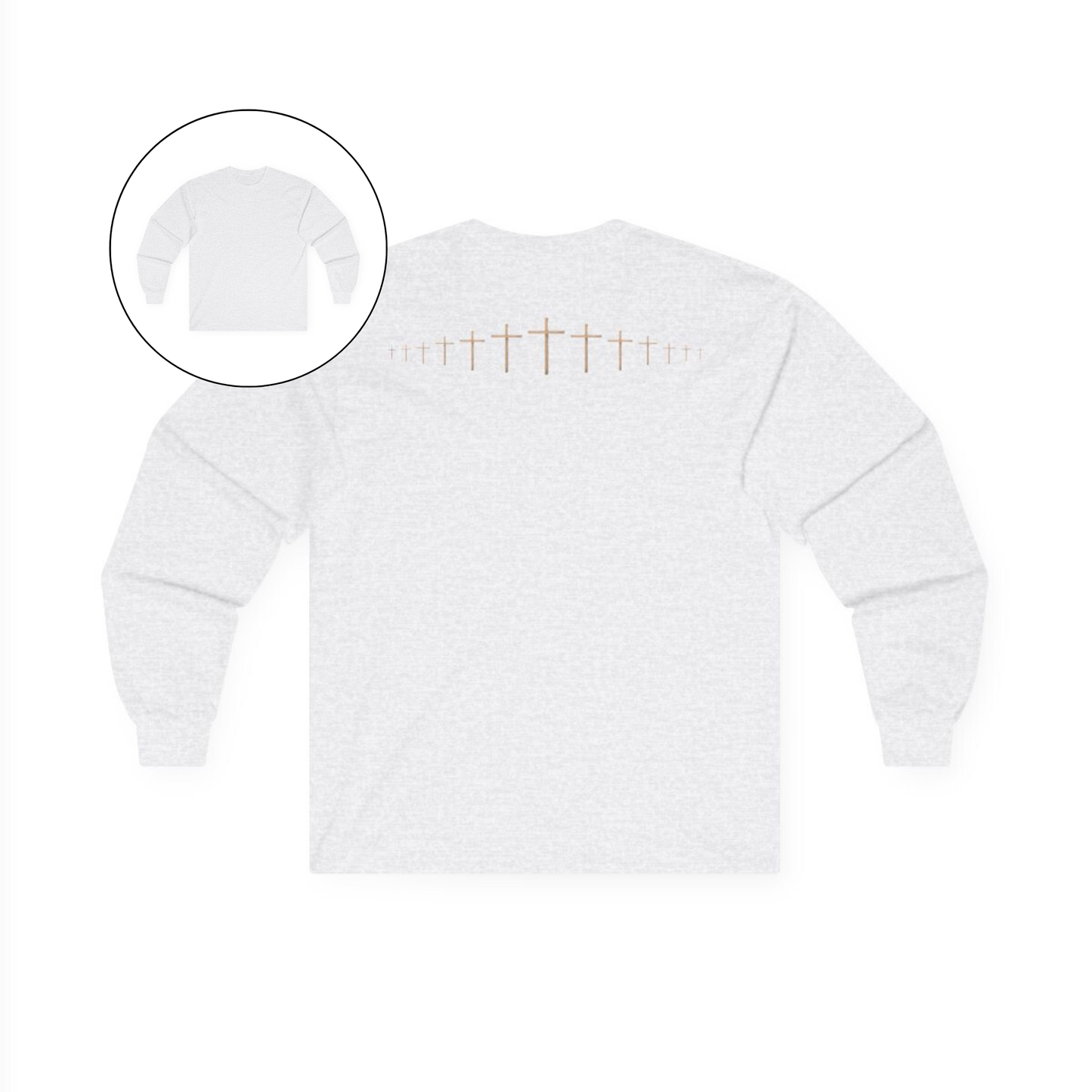 On the back of this ash colored Christian long sleeve shirt is a large wooden Jesus cross in between the shoulder blades, the Jesus cross then keeps getting smaller and smaller till it fades right off the shirt giving it a amazing 3D look on the back.