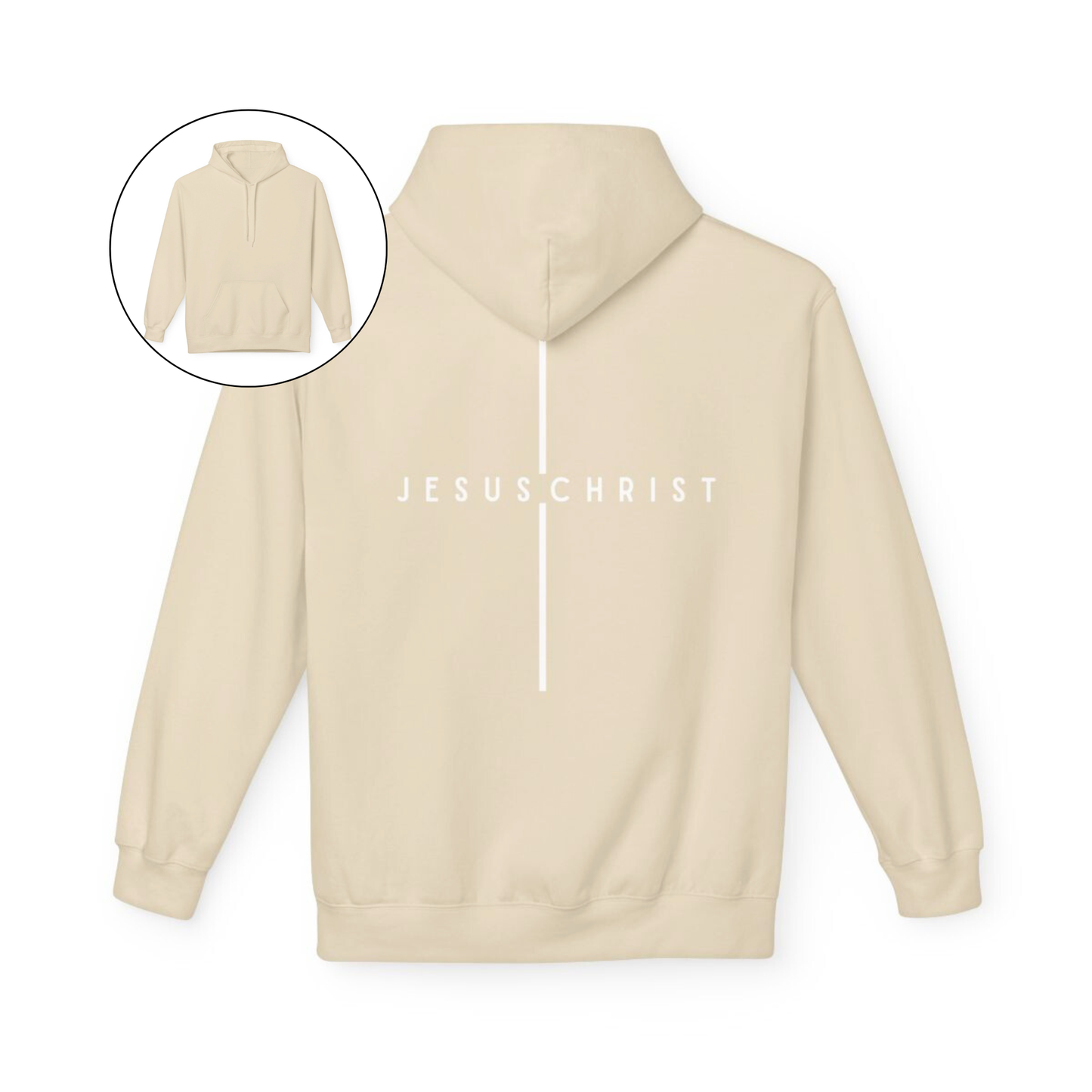 On the back of this custom Christian hoodie is the name Jesus Christ with a line above and below the name making it look like a cross.