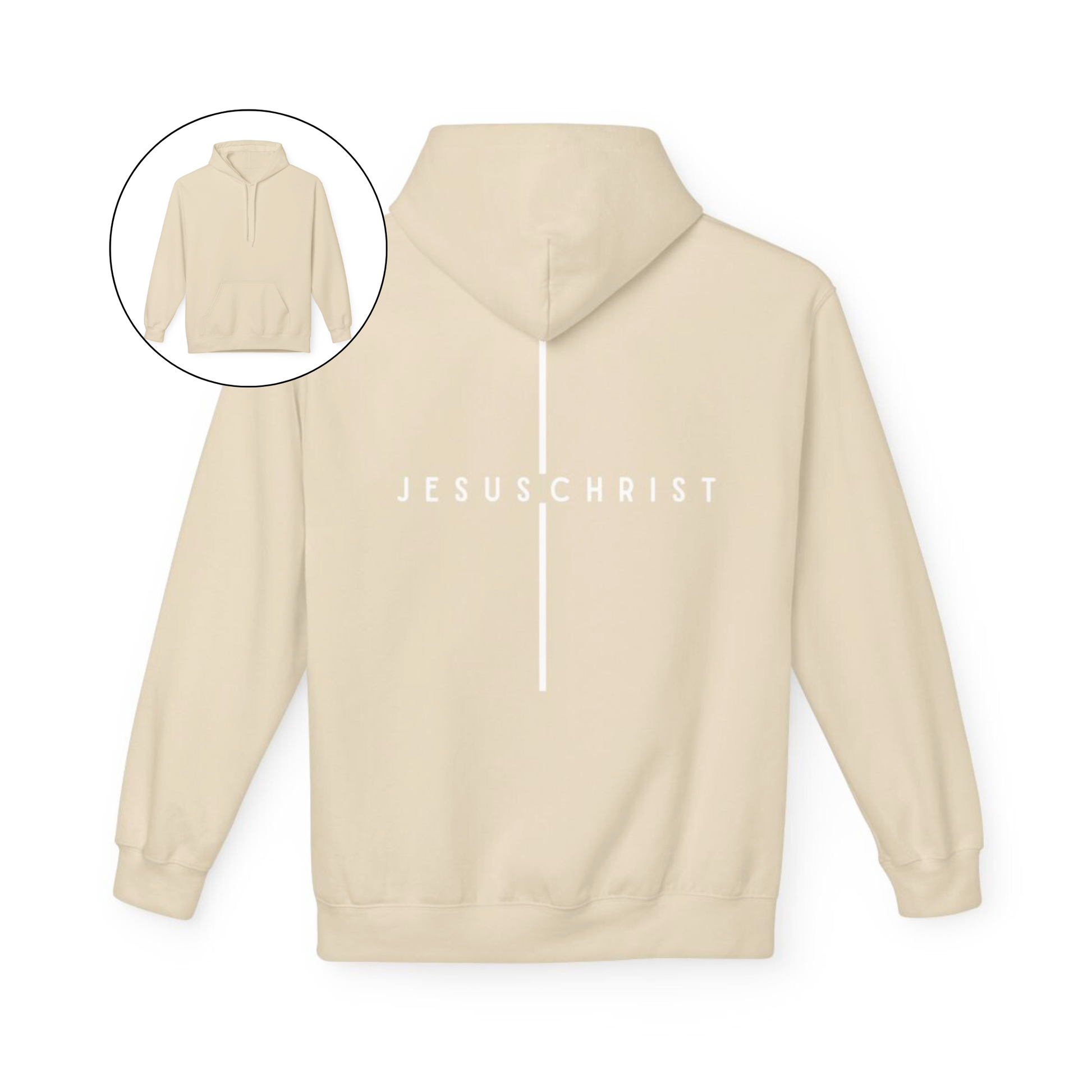 On the back of this custom Christian hoodie is the name Jesus Christ with a line above and below the name making it look like a cross.