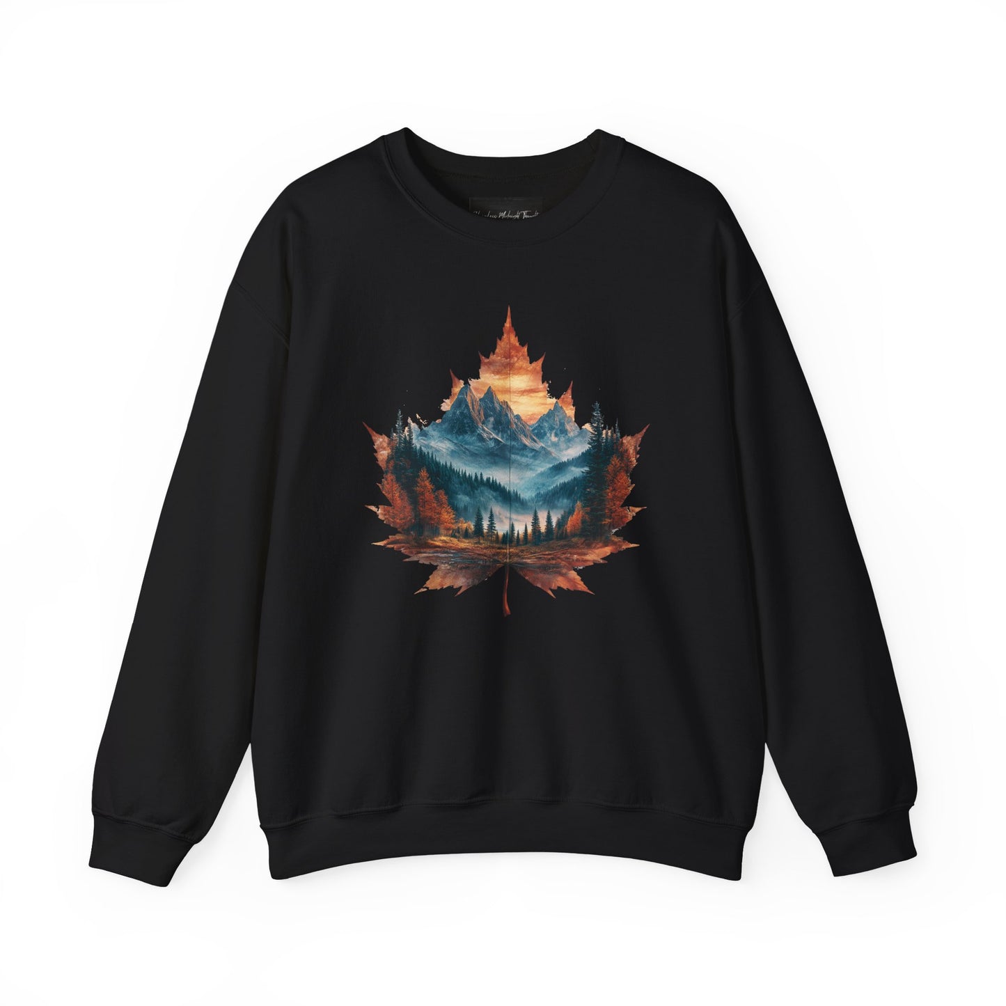 On the front of this Canadian pride sweatshirt is a large maple leaf with the inside of the leaf having a picture of the Rocky Mountains in the fall time.