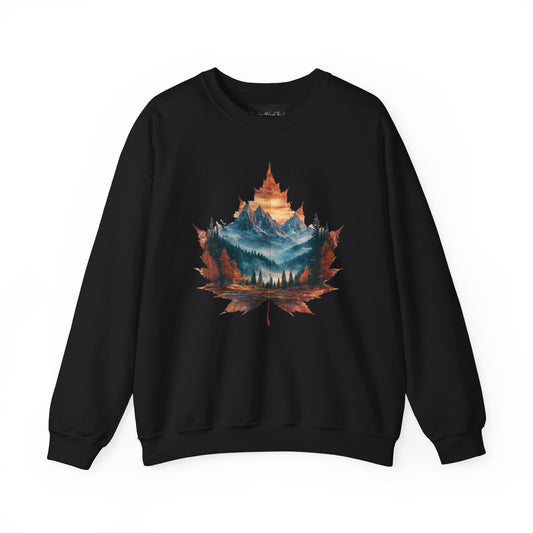 On the front of this Canadian pride sweatshirt is a large maple leaf with the inside of the leaf having a picture of the Rocky Mountains in the fall time.