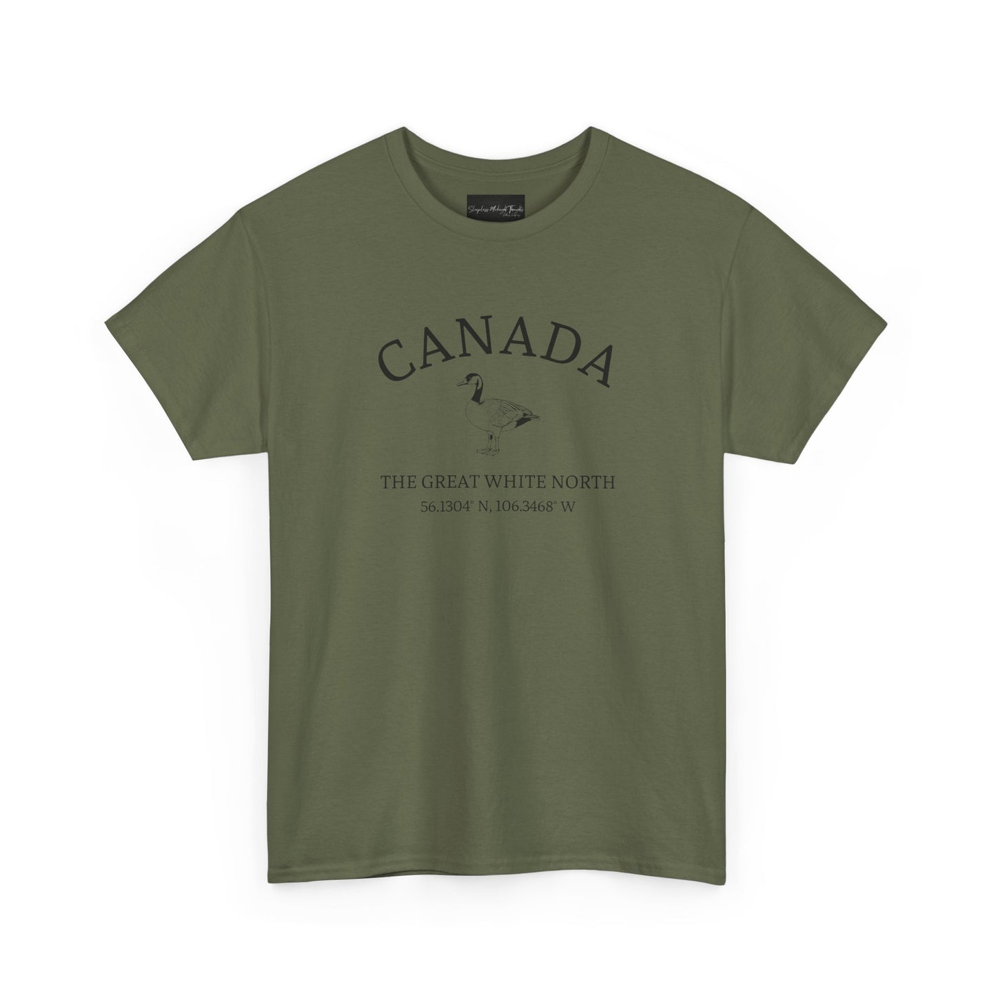 On the front of this patriotic short sleeve shirt is an image of a Canadian Goose with the word Canada above it in a half circle, the words "The Great White North" are underneath the image with Canada's coordinates underneath that.