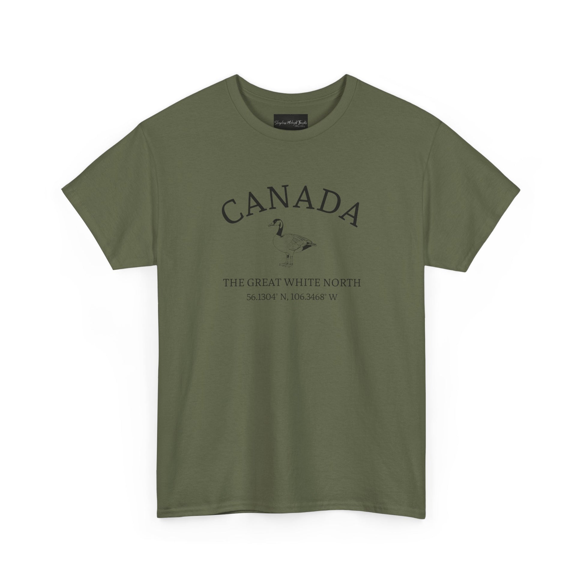 On the front of this patriotic short sleeve shirt is an image of a Canadian Goose with the word Canada above it in a half circle, the words "The Great White North" are underneath the image with Canada's coordinates underneath that.