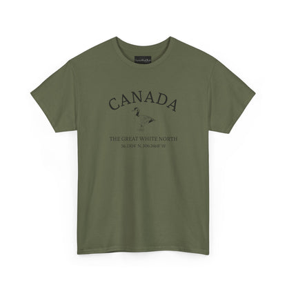 On the front of this patriotic short sleeve shirt is an image of a Canadian Goose with the word Canada above it in a half circle, the words "The Great White North" are underneath the image with Canada's coordinates underneath that.