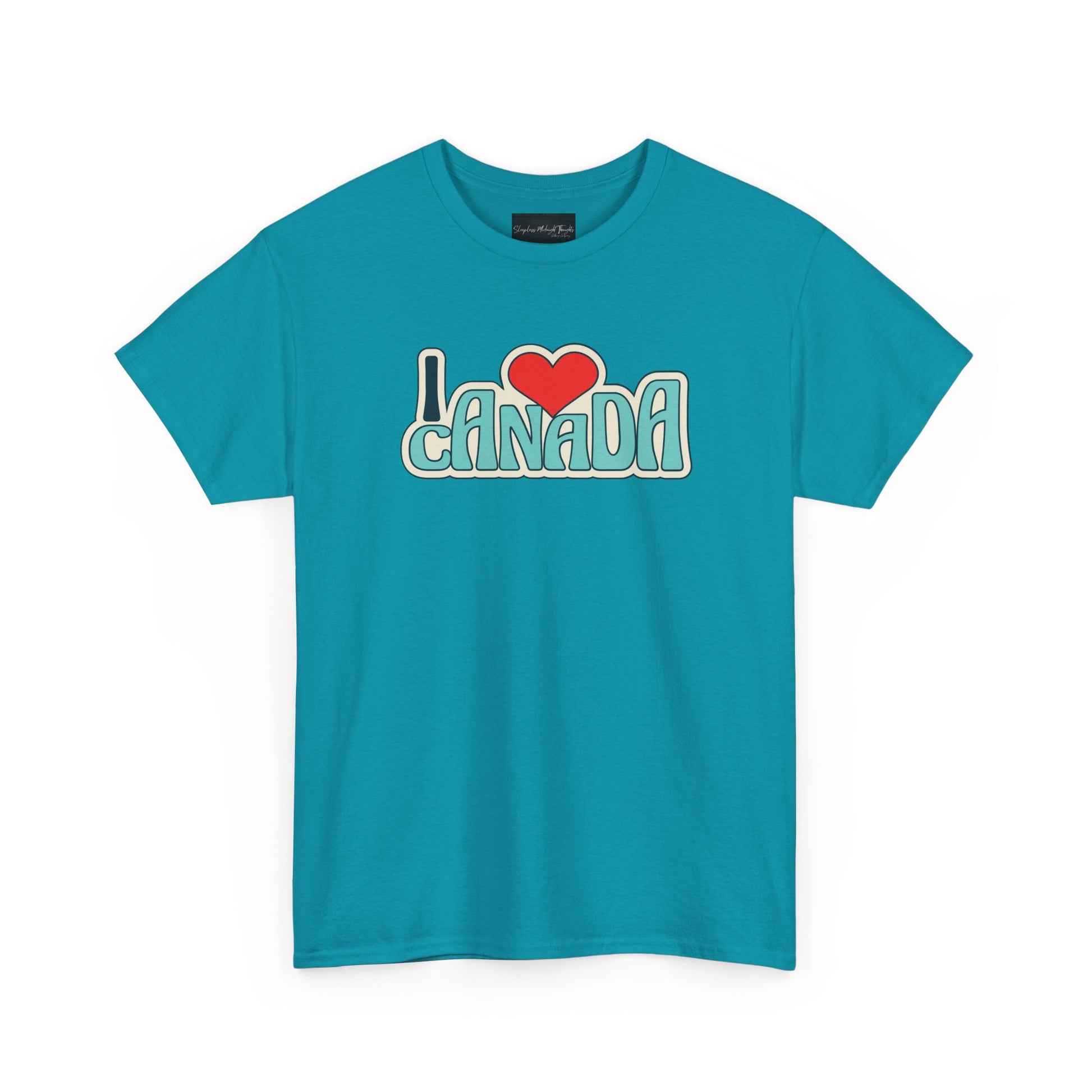 Turquoise t-shirt with 'I ❤️ Canada' text on a white background