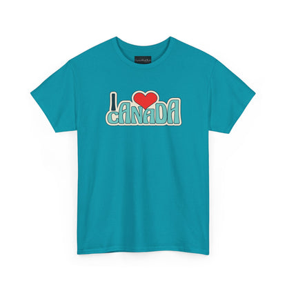 Turquoise t-shirt with 'I ❤️ Canada' text on a white background