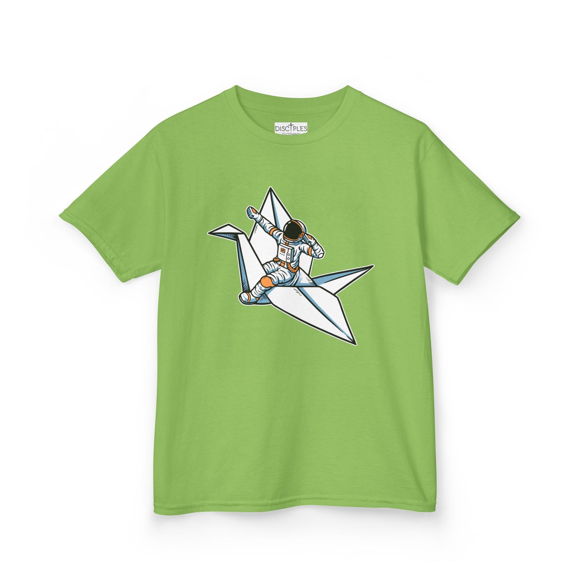 On the front of this custom kids t-shirt is an image of a astronaut flying on a paper plane.