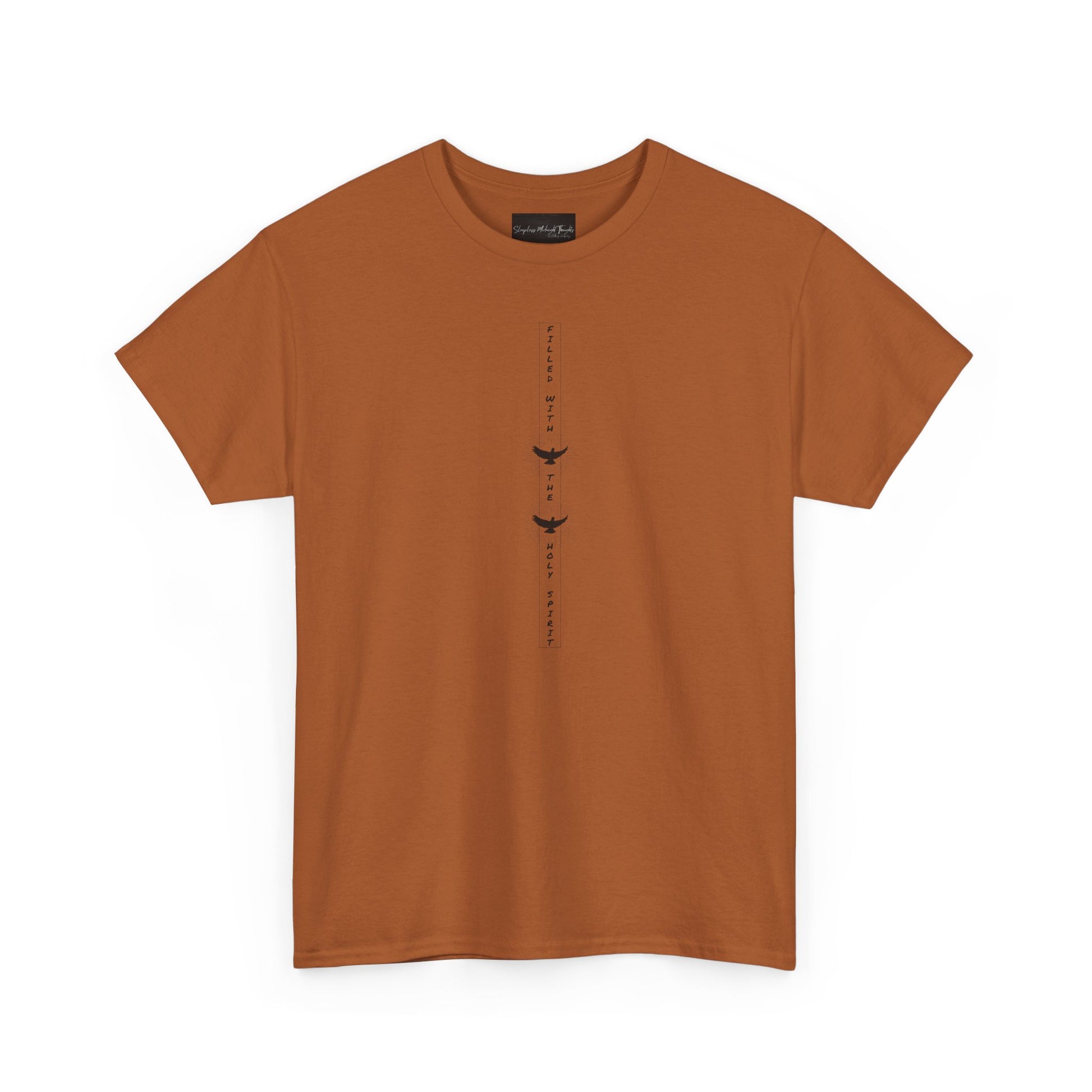 On the front of this custom unisex short sleeve shirt, starting from the neckline horizontally down are the words Filled with the Holy Spirit, there are two doves in-between the words.