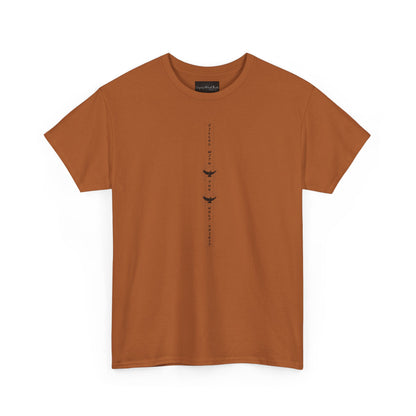 On the front of this custom unisex short sleeve shirt, starting from the neckline horizontally down are the words Filled with the Holy Spirit, there are two doves in-between the words.