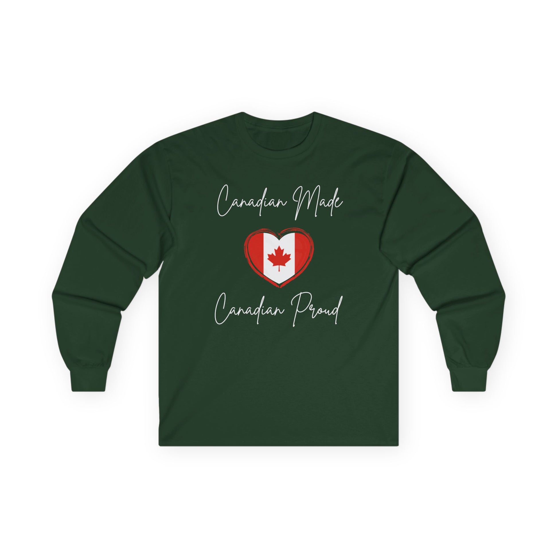 On the front of this custom Canadian patriotic long sleeve t-shirt are the words Canadian Made Canadian Proud in a beautiful cursive font, there is a Canadian flag in the middle that is in the shape of a heart.