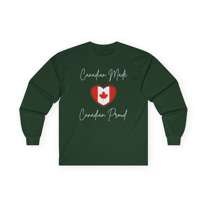 On the front of this custom Canadian patriotic long sleeve t-shirt are the words Canadian Made Canadian Proud in a beautiful cursive font, there is a Canadian flag in the middle that is in the shape of a heart.