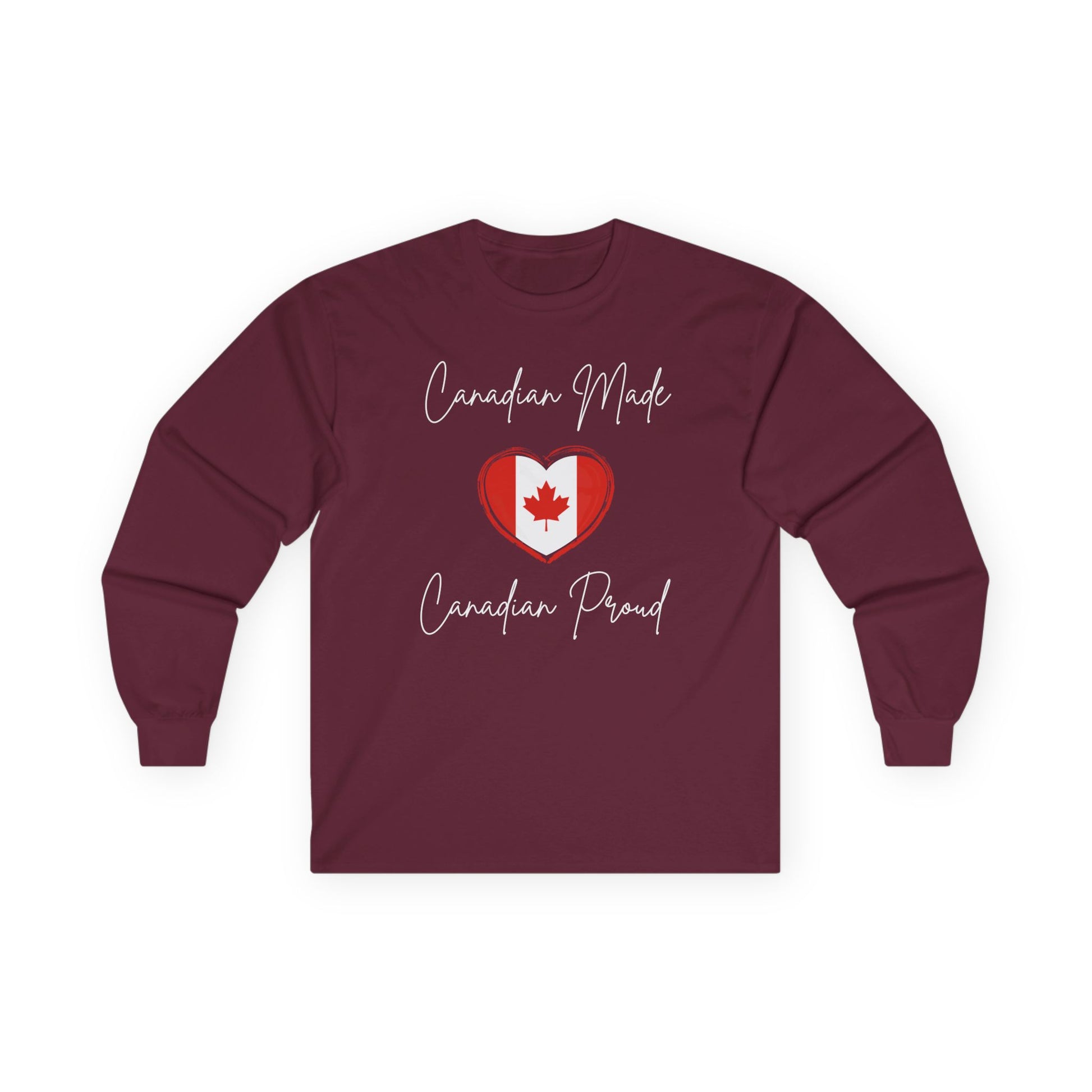 On the front of this custom Canadian patriotic long sleeve t-shirt are the words Canadian Made Canadian Proud in a beautiful cursive font, there is a Canadian flag in the middle that is in the shape of a heart.