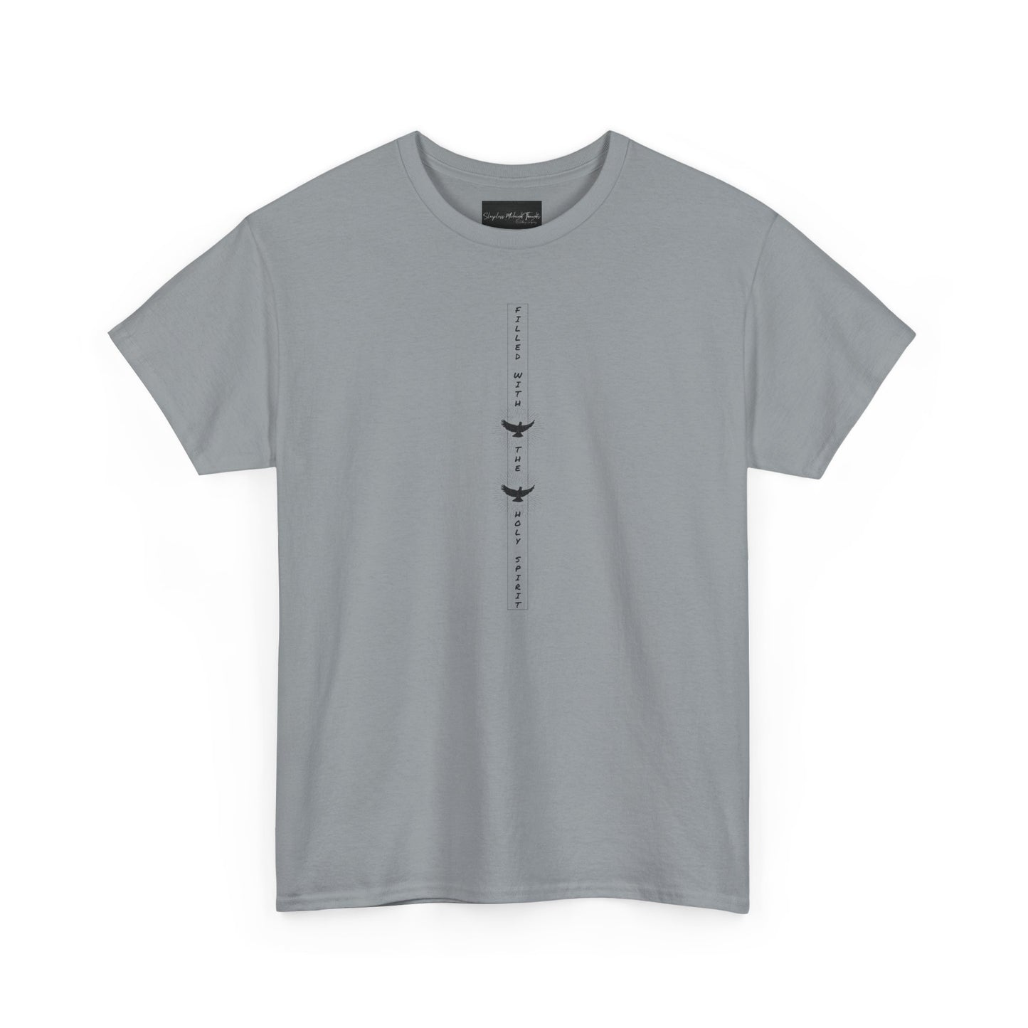 On the front of this custom unisex short sleeve shirt, starting from the neckline horizontally down are the words Filled with the Holy Spirit, there are two doves in-between the words.