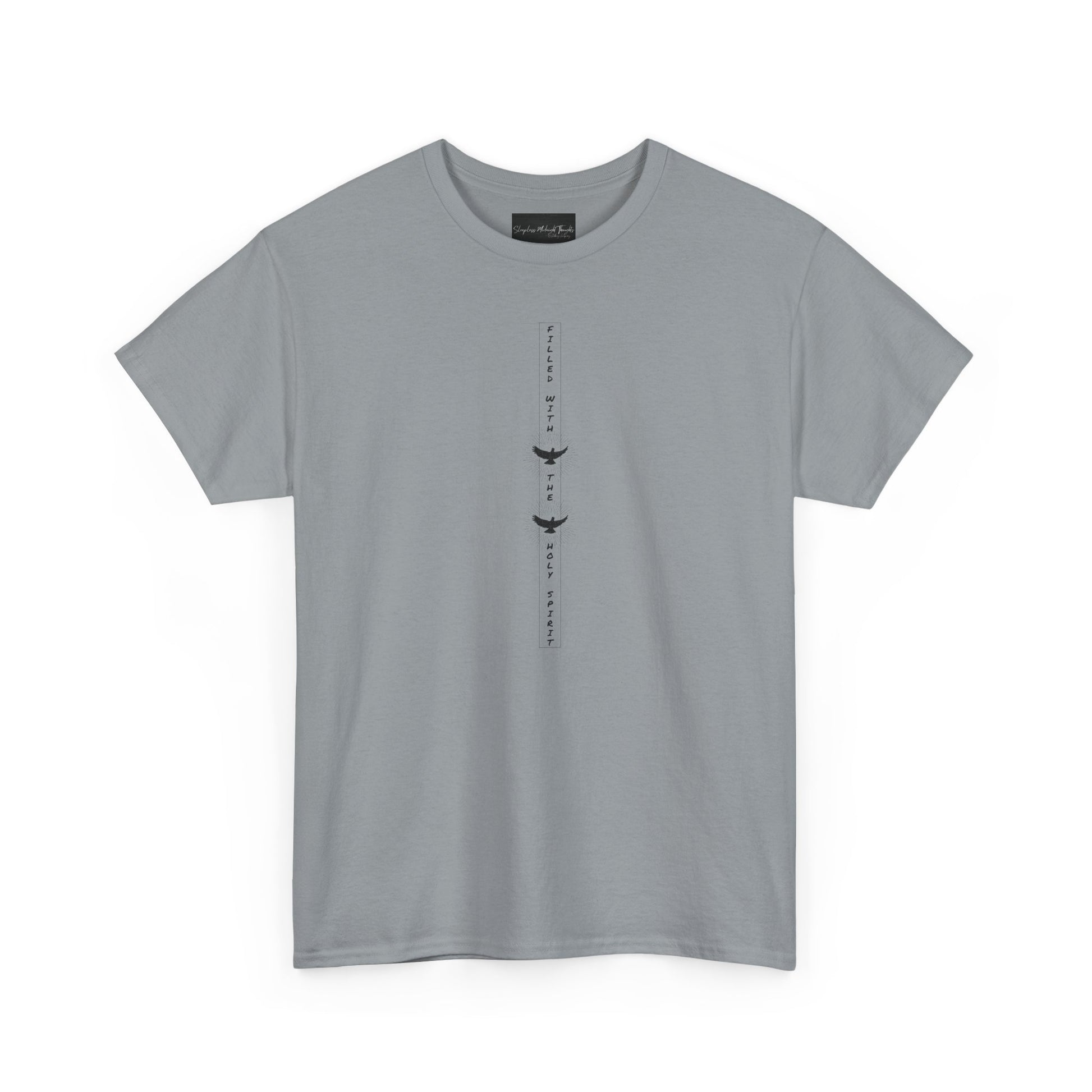 On the front of this custom unisex short sleeve shirt, starting from the neckline horizontally down are the words Filled with the Holy Spirit, there are two doves in-between the words.
