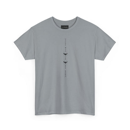 On the front of this custom unisex short sleeve shirt, starting from the neckline horizontally down are the words Filled with the Holy Spirit, there are two doves in-between the words.