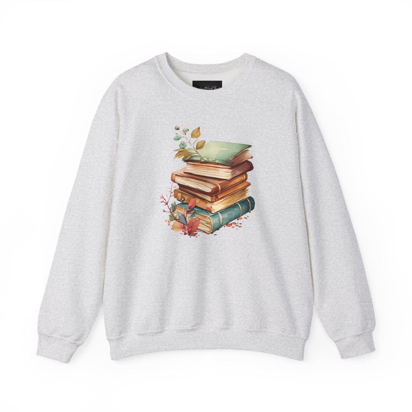 On the front of this custom book lovers sweatshirt is a stack of vintage books with a bunch of wildflowers all around the books.
