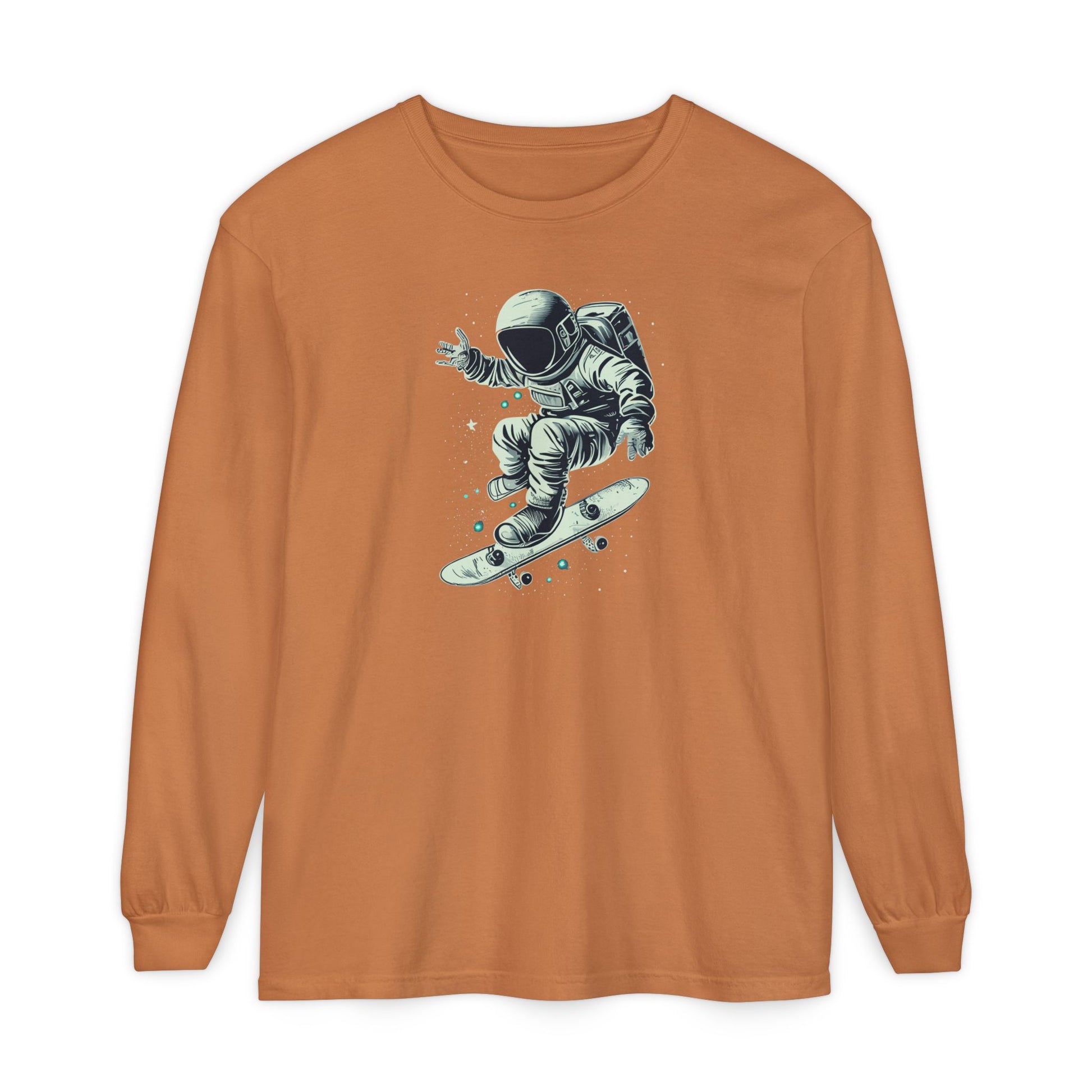 On the front of this custom unisex long sleeve shirt is an image of an astronaut riding a skateboard, there are a bunch of stars around the astronaut.