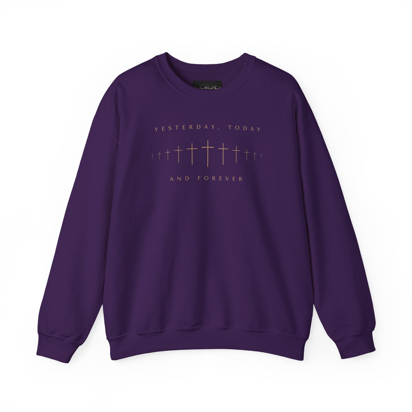 On the front of this Christian pullover sweatshirt is a row of Jesus crosses that look like they are fading into the distance, the words Yesterday, Today and Forever are on the top and the bottom of the crosses.