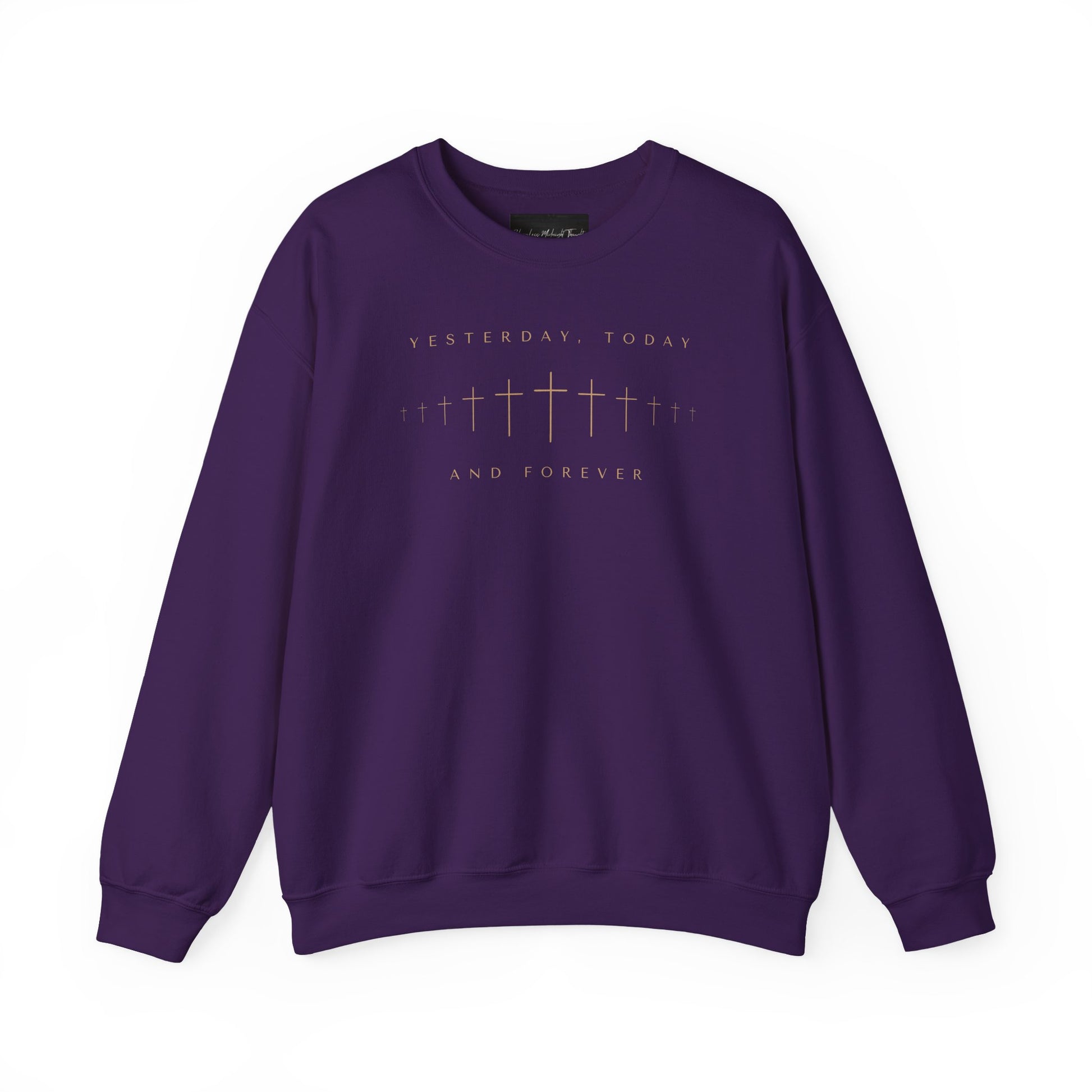On the front of this Christian pullover sweatshirt is a row of Jesus crosses that look like they are fading into the distance, the words Yesterday, Today and Forever are on the top and the bottom of the crosses.