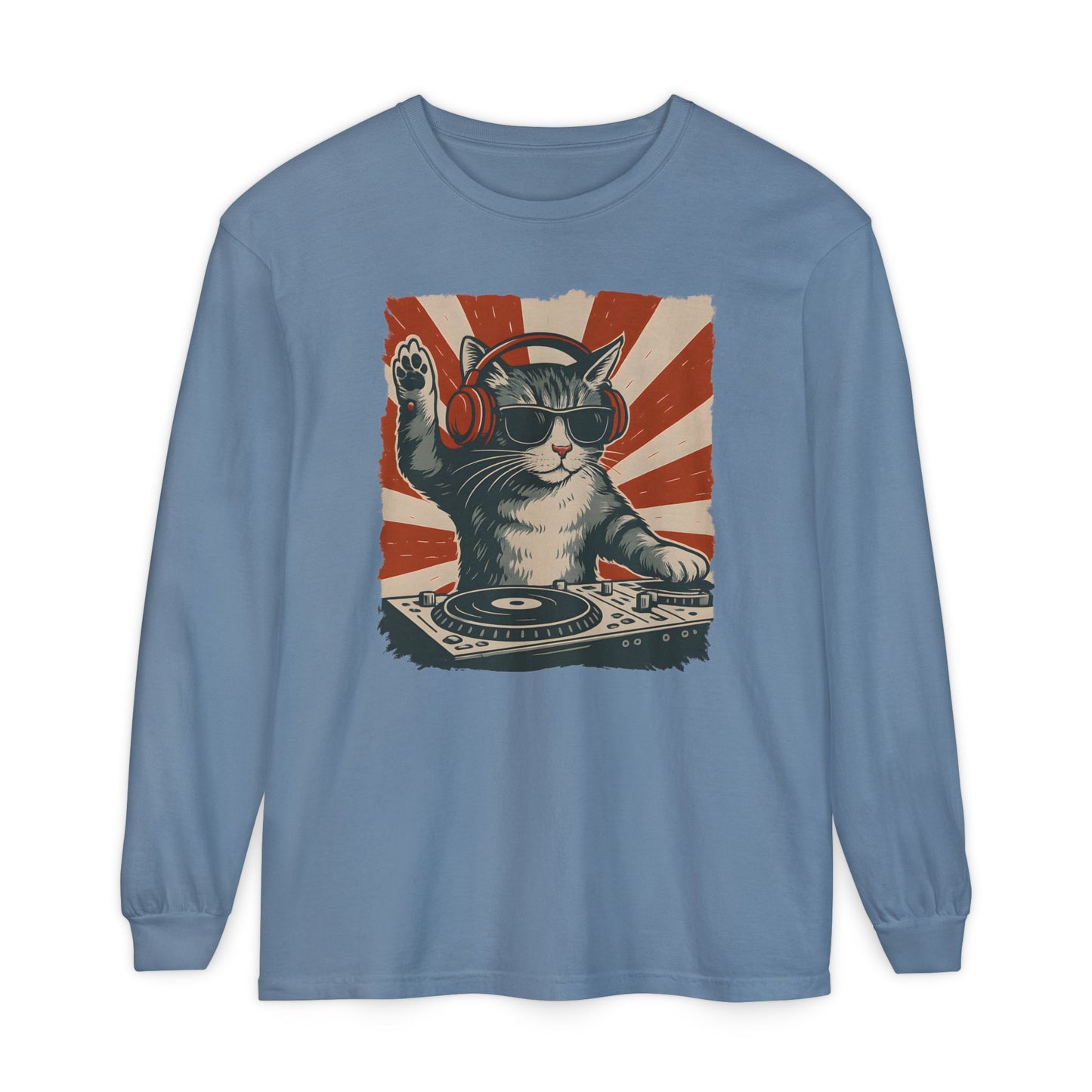 On the front of this custom retro long sleeve shirt is a DJ playing music, except the DJ is a cat that is wearing headphones, there is a vintage red and ivory background behind the cat.