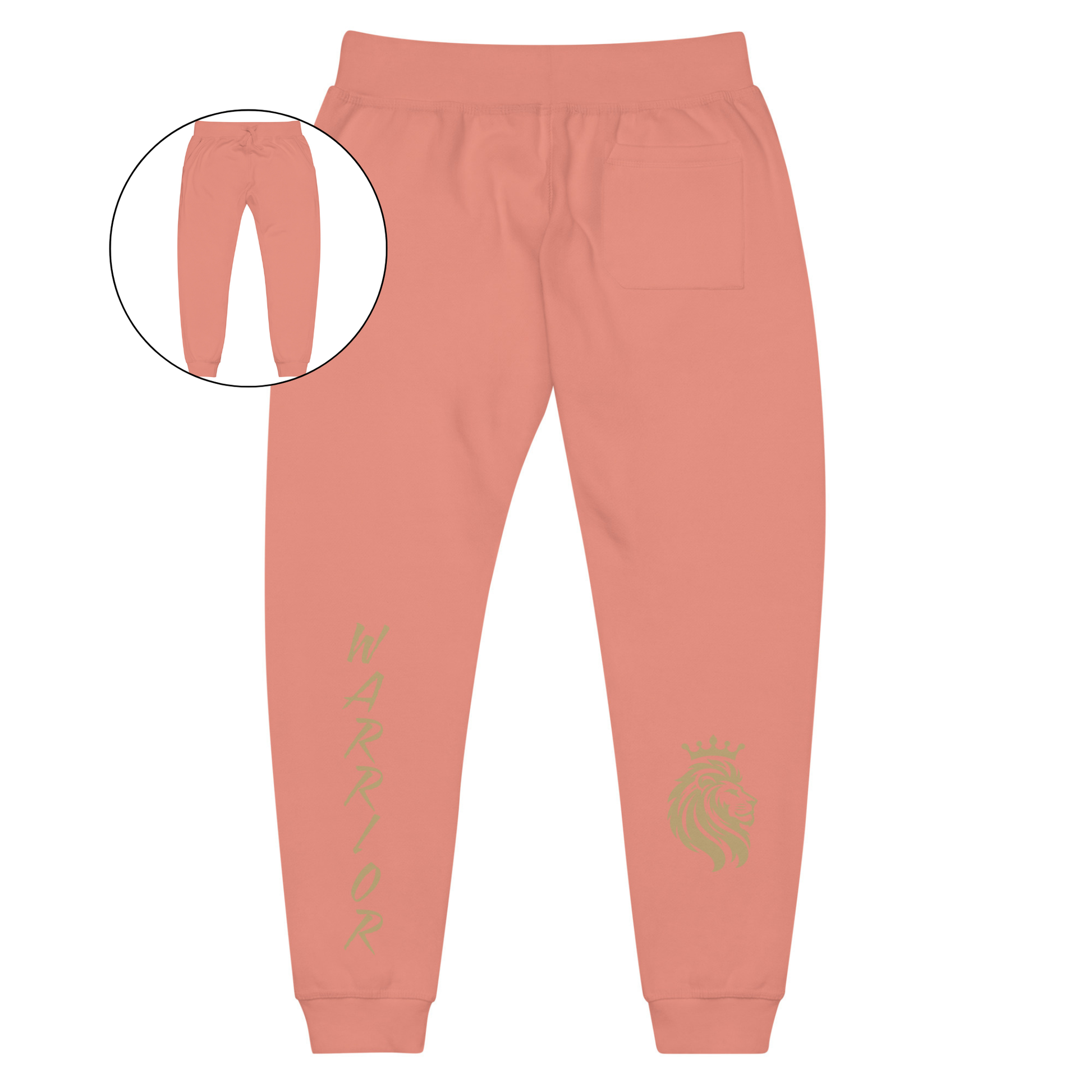 A pair of super soft ankle length unisex sweatpants, there are two pockets on the front and one pocket on the back right, the word warrior is in gold on the back left leg from the knee down and a male lion with a crown on the other