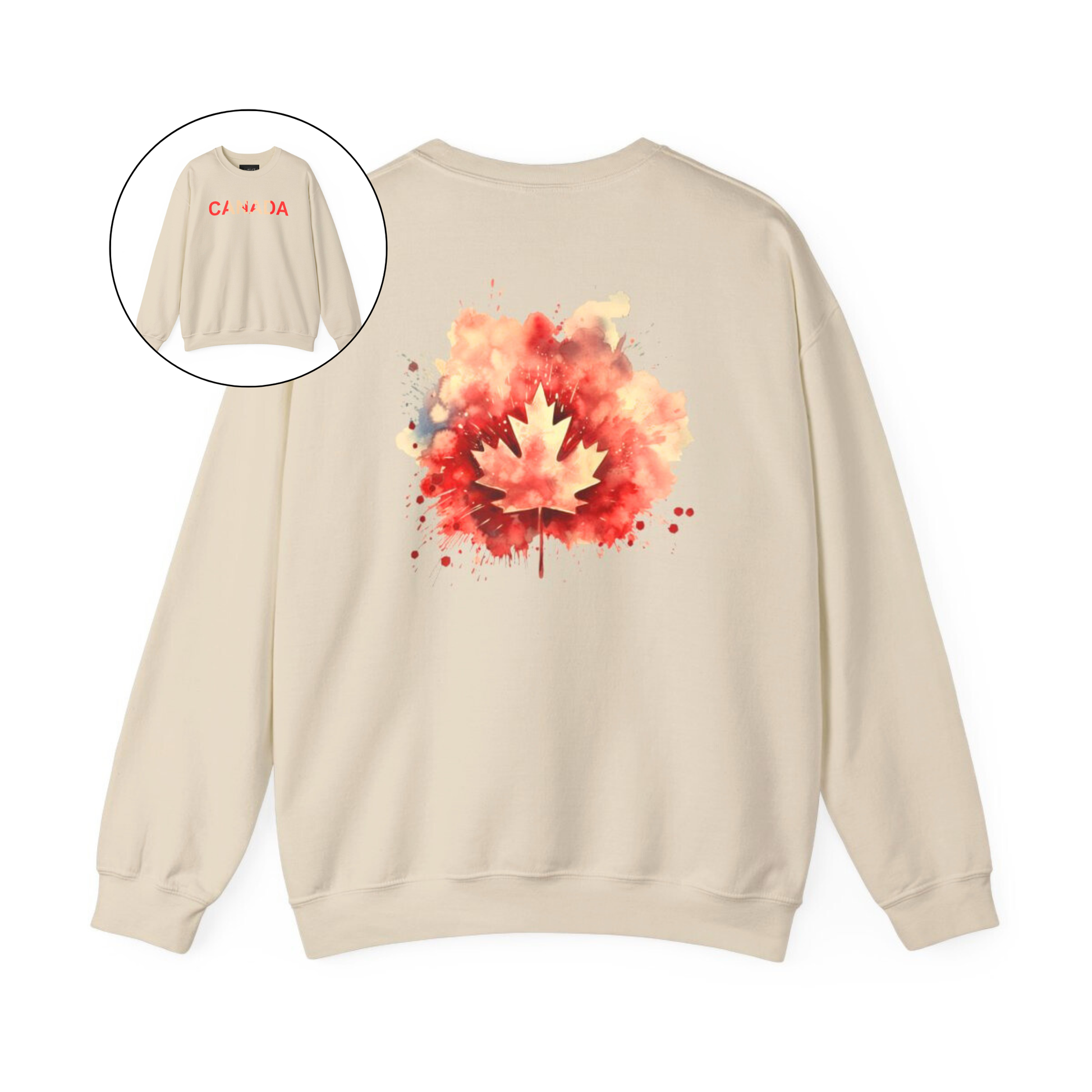 On the front of this Canadian pride pullover sweater is Canada in red and beige letters with a maple leaf in the middle, on the back of the sweater is a large maple leaf that looks like it has been spray painted onto the sweater in red and beige.