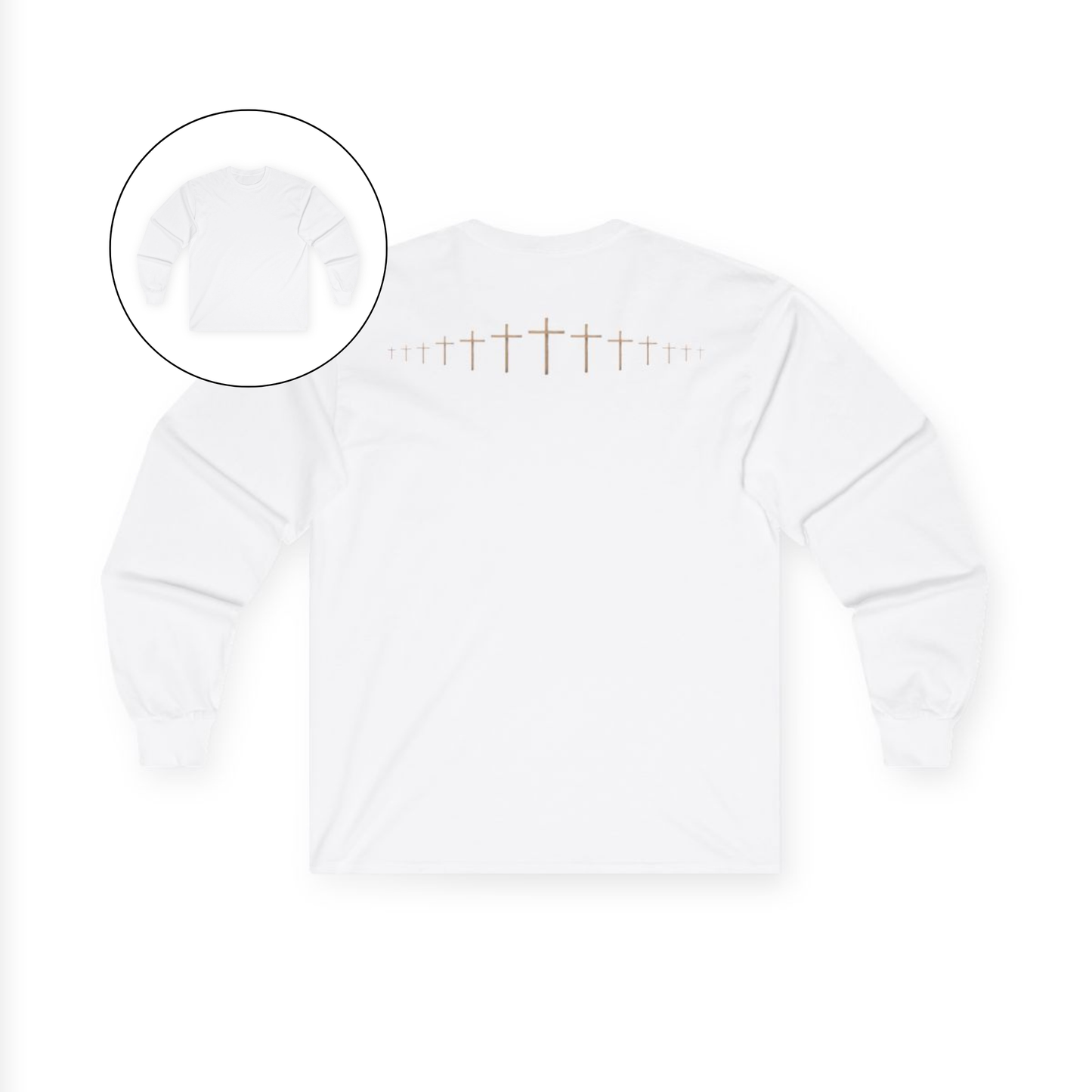 On the back of this Christian long sleeve shirt is a large wooden Jesus cross in between the shoulder blades, the Jesus cross then keeps getting smaller and smaller till it fades right off the shirt giving it a amazing 3D look on the back.